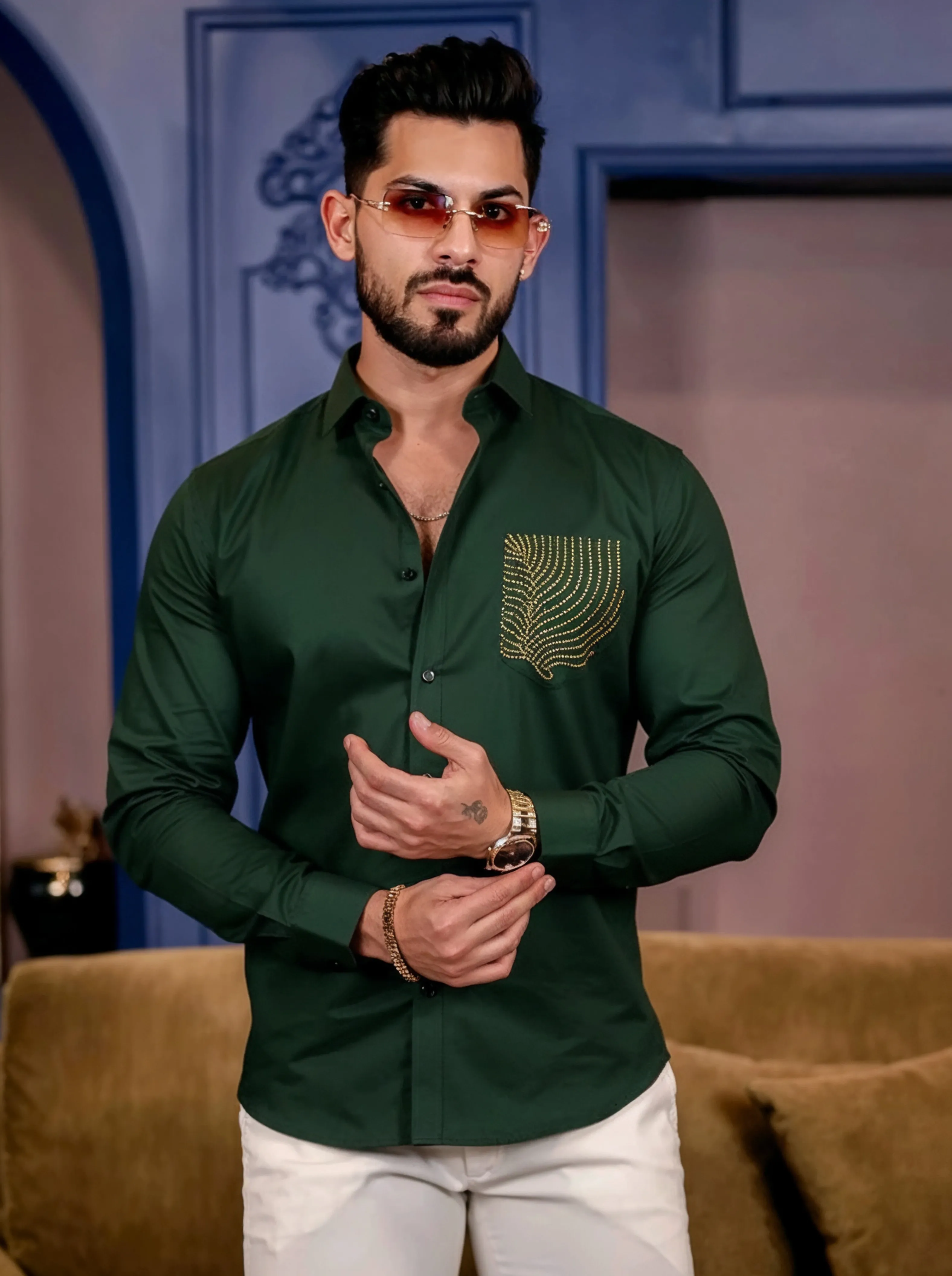 Men’s Dark Green Abstract Jarkan Shirt - Image 3