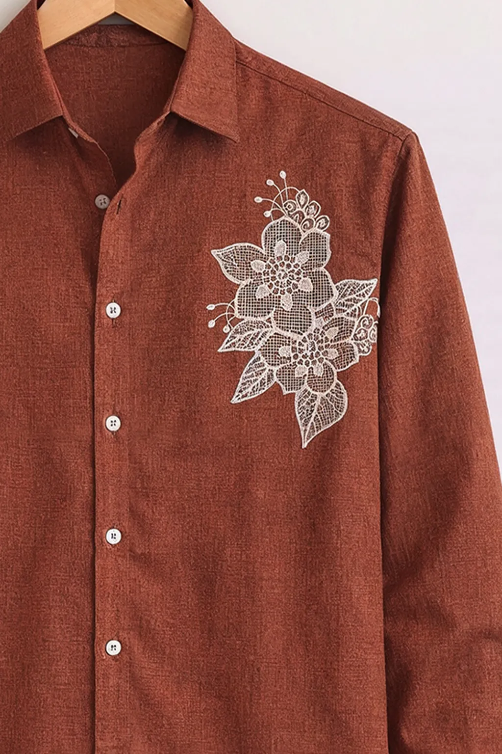 Men’s Rust Brown Embroidered Cotton Shirt - Image 3