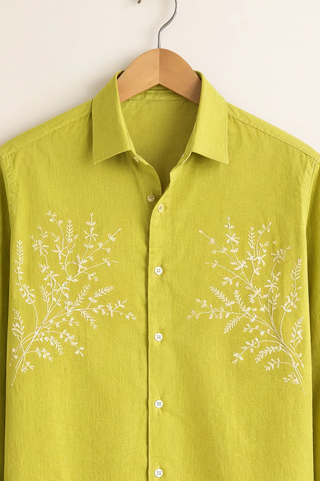 Men’s Green Embroidered Cotton Shirt - Image 2