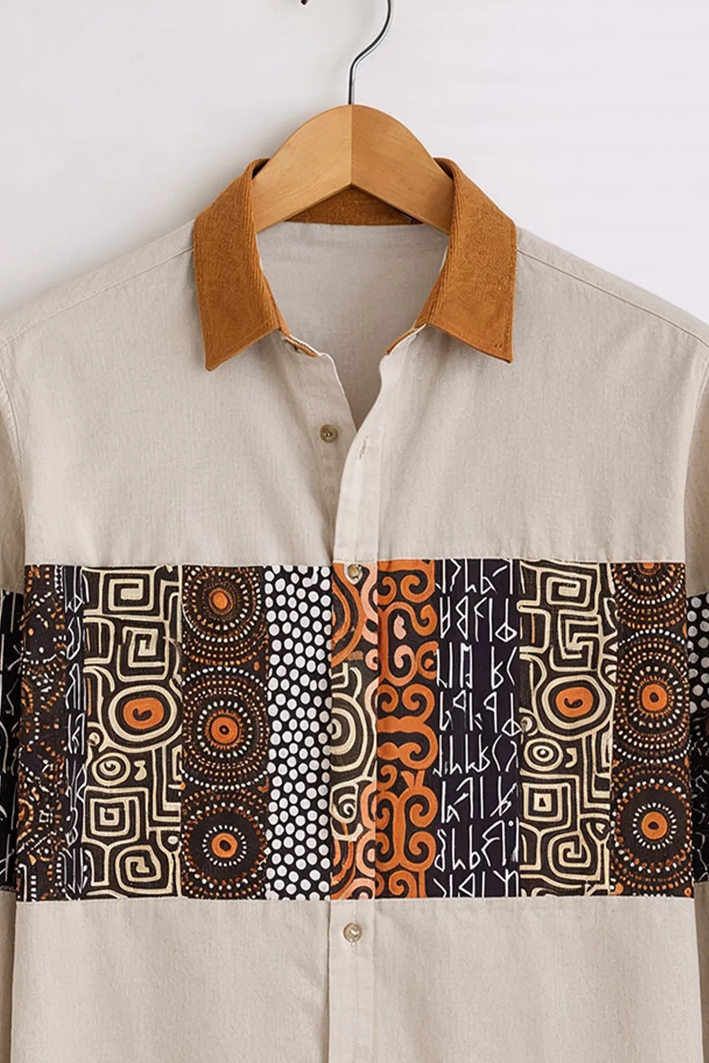 Men’s Stylish Beige Ethnic Panel Shirt - Image 2