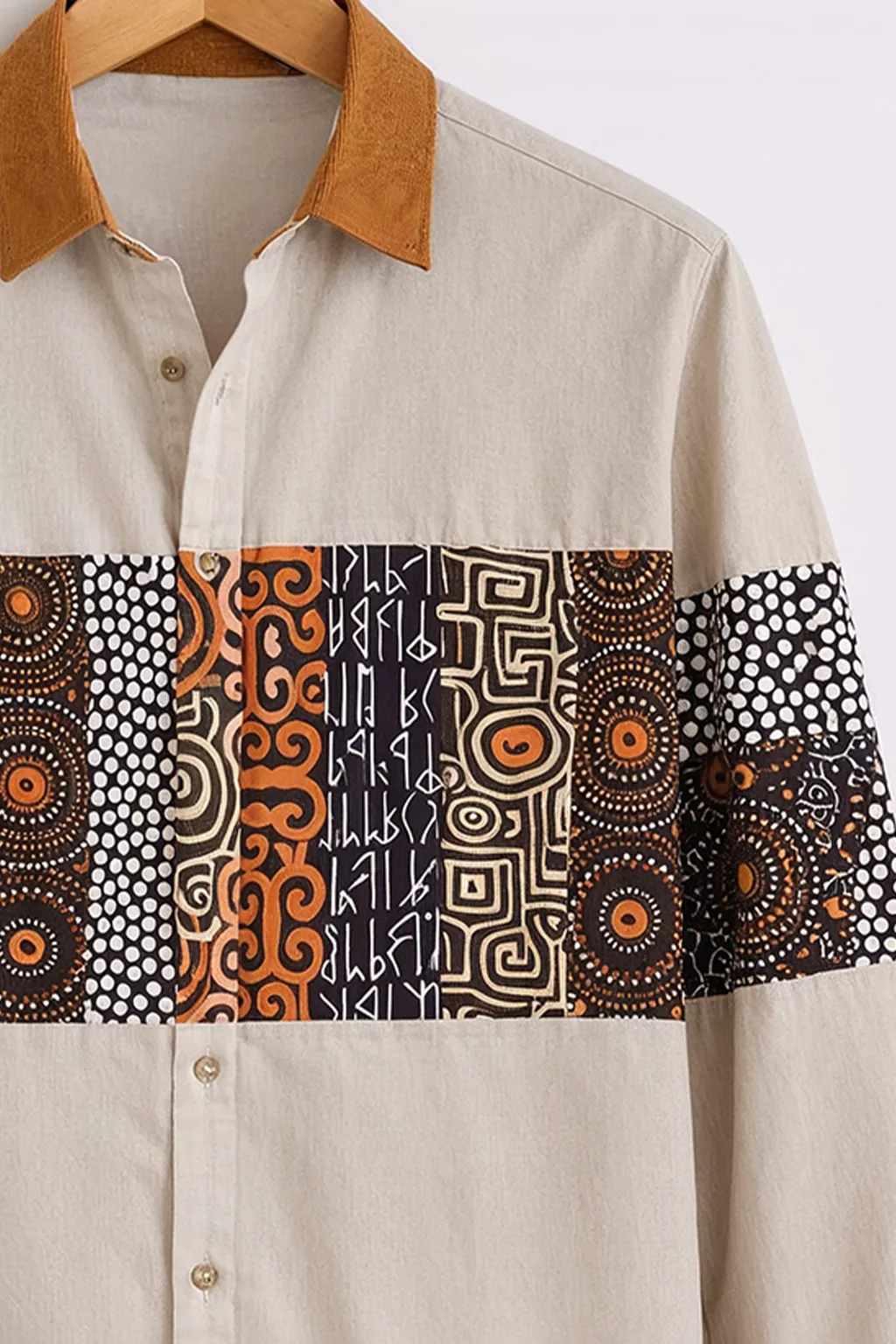 Men’s Stylish Beige Ethnic Panel Shirt - Image 3
