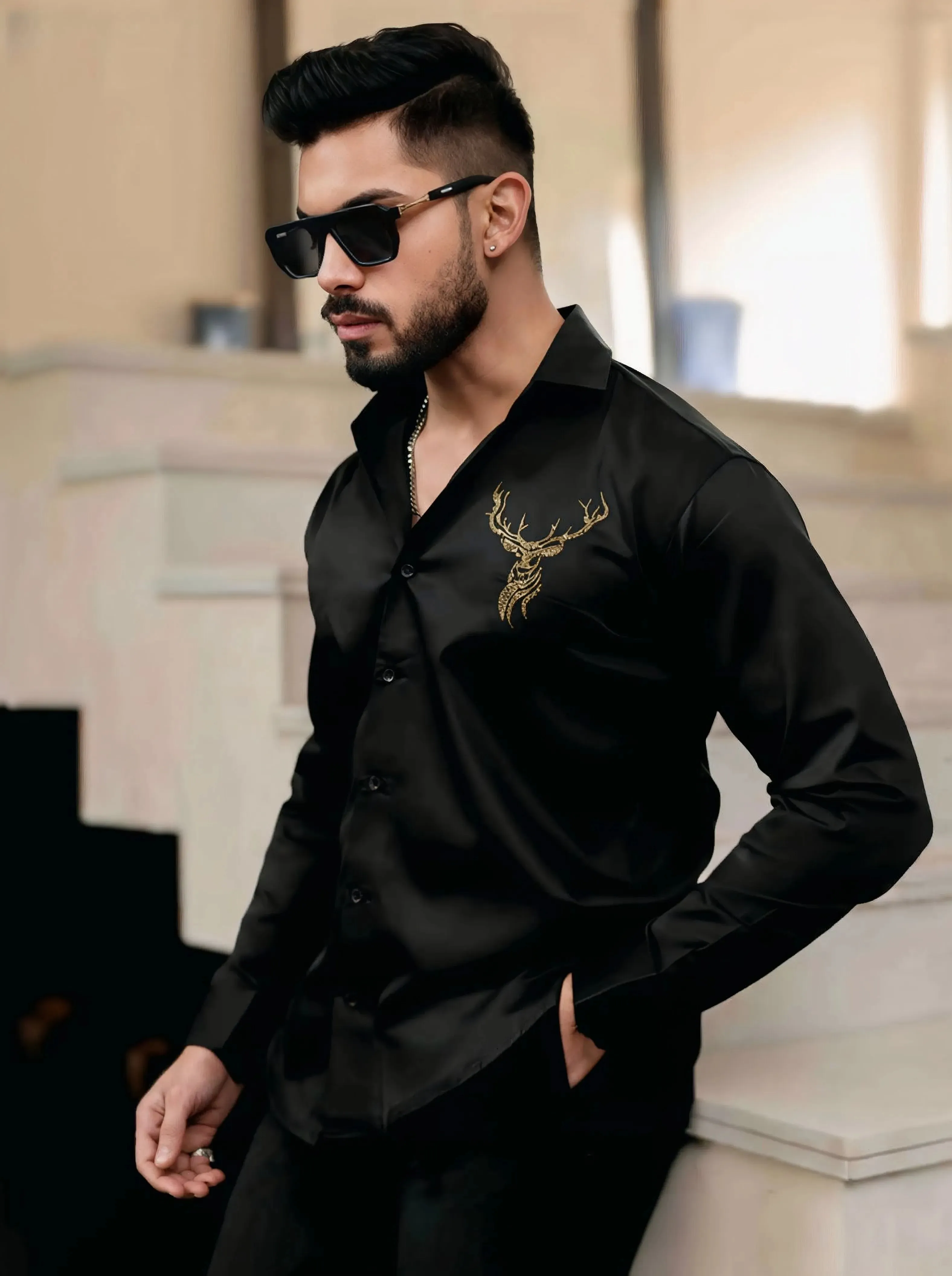 Signature Look – Diamond Work Deer Black Shirt - Image 3