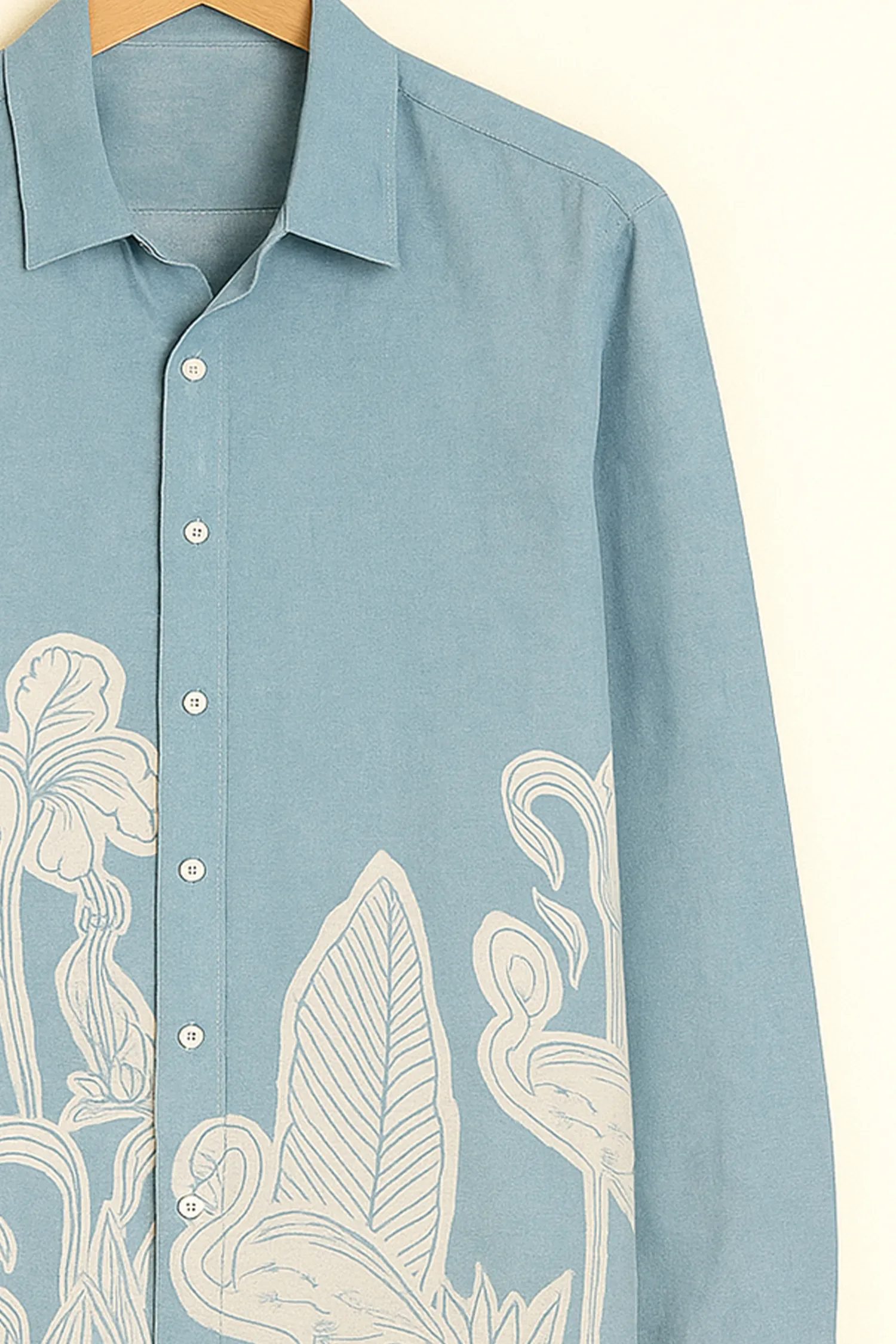 Botanical Flamingo Blue Cotton Shirt - Image 3